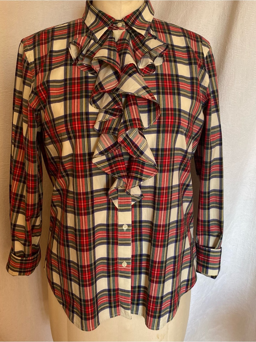 Lauren Ralph Lauren Classic Plaid Ruffle-Front Button blouse- Red Plaid